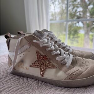 White and Beige High-Top Sneakers with Glitter Star